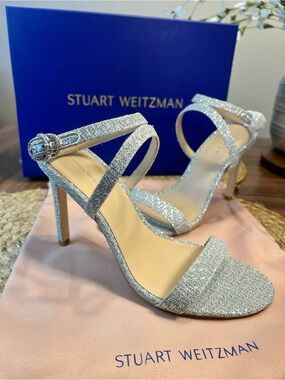 Stuart Weitzman Silver Glitter Strappy Stiletto Sandals (sz 8.5)